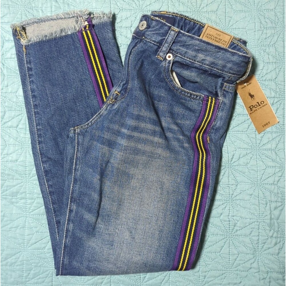 Polo Ralph Lauren Astor Slim BF Jeans Girls Sz 16 W/Race Stripes Frayed Ends